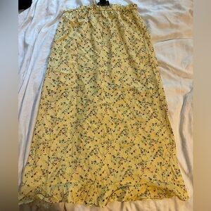 Butter yellow floral print maxi flowy skirt ruffle drawstring waist size S-M